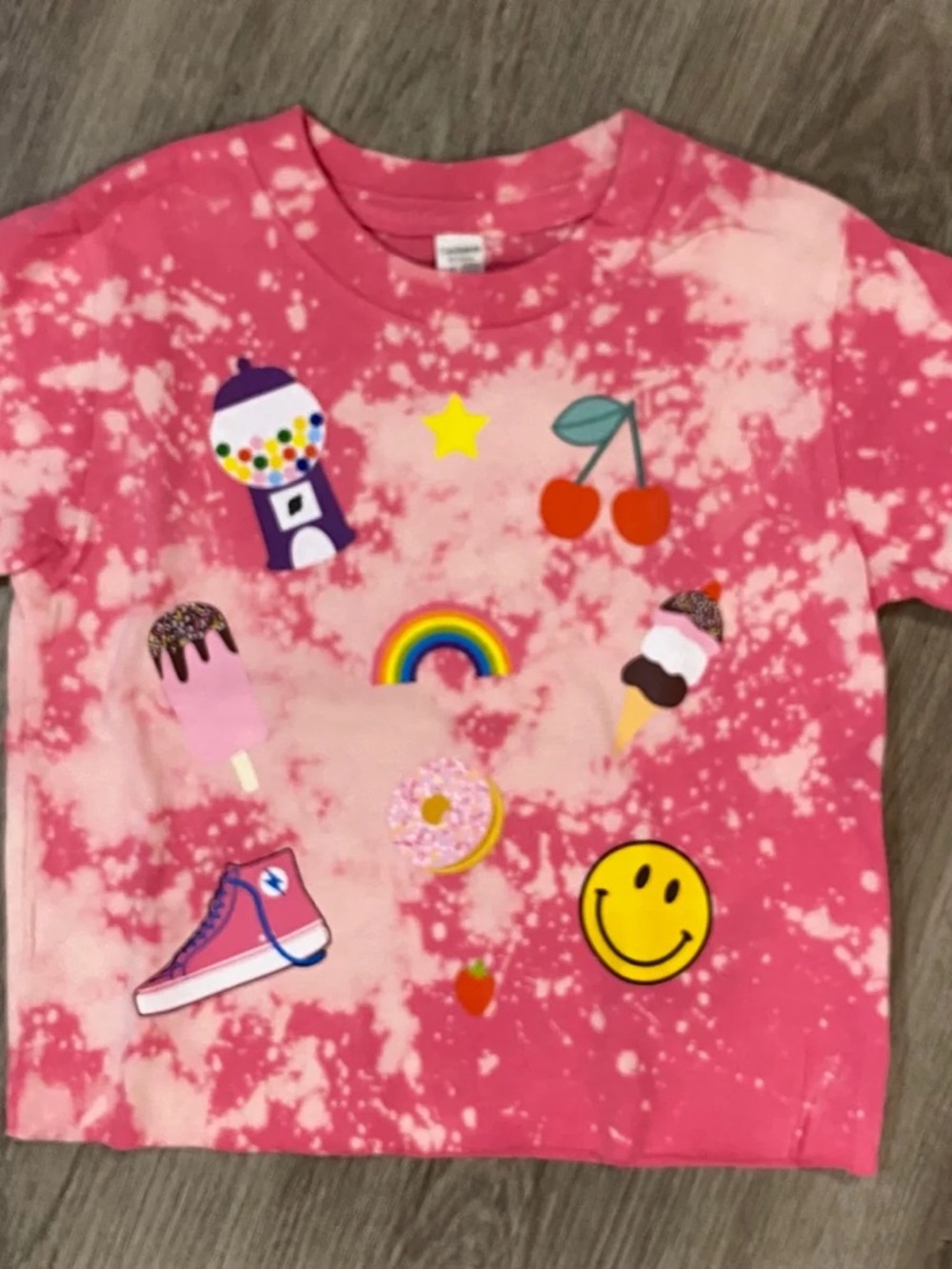 Girls Pink Tie-Dye Graphic Short Sleeve Tee with Fun Icons